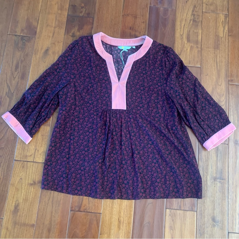 BODEN Annabelle Top Size 14 New Burgundy & Black Pink Velvet Trim ¾ Sleeve 🆕 - Picture 2 of 14